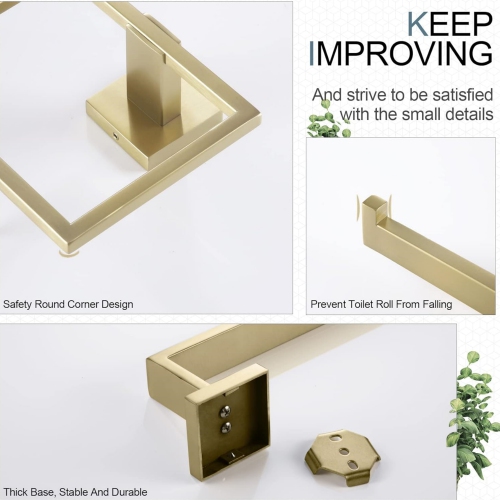 4 Pieces Brushed Gold Bathroom Hardware Set, Includes 23.6 Inch Towel Bar, Towel Ring, Toilet Paper Holder, Robe Hook, Stainless Steel, Wall Mounted