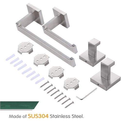 4 Pieces Brushed Nickel Bathroom Hardware Set, Includes Hand Towel Holder, Toilet Paper Holder, 2 Robe Hook, Stainless Steel, Wall Mounted