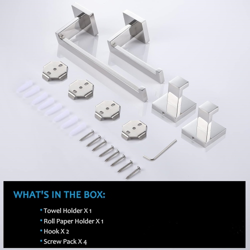 4 Pieces Polished Chrome Bathroom Hardware Set, Includes Hand Towel Holder, Toilet Paper Holder, 2 Robe Hook, Stainless Steel, Wall Mounted