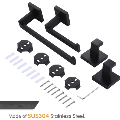4 Pieces Matte Black Bathroom Hardware Set, Includes Hand Towel Holder, Toilet Paper Holder, 2 Robe Hook, Stainless Steel, Wall Mounted