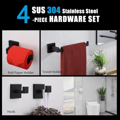 4 Pieces Matte Black Bathroom Hardware Set, Includes Hand Towel Holder, Toilet Paper Holder, 2 Robe Hook, Stainless Steel, Wall Mounted