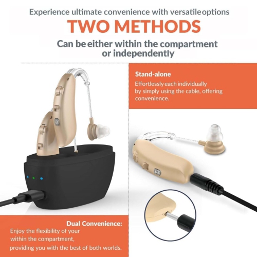 Rechargeable BTE Hearing Amplifiers for Seniors â€“ Digital with Intelligent Noise Cancelling, Four Modes, Volume Control, Charging Case, Stylish