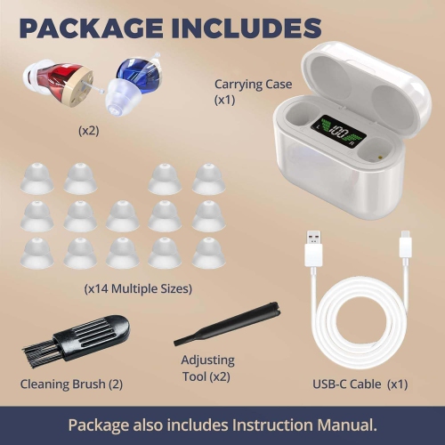 Amplificateurs auditifs intra-auriculaires rechargeables pour aînés - paire CIC numérique, qualité sonore améliorée, réduction du bruit et affichage