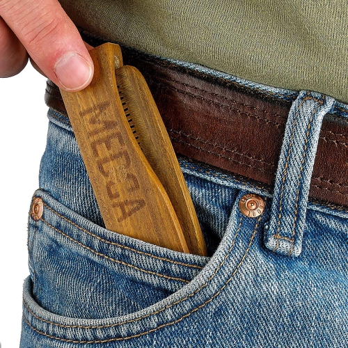 Folding Wooden Comb - 2-Pack, Solid Sandalwood Construction - Fine Tooth Pocket Sized Beard, Mustache, Head Hair Brush Combs for Men for All Hair