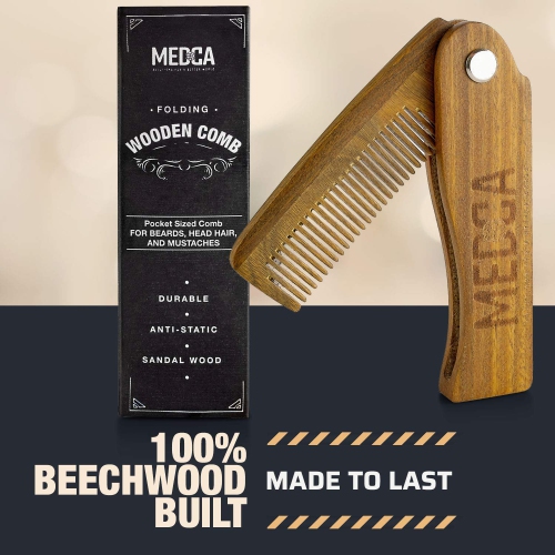 Folding Wooden Comb - 2-Pack, Solid Sandalwood Construction - Fine Tooth Pocket Sized Beard, Mustache, Head Hair Brush Combs for Men for All Hair