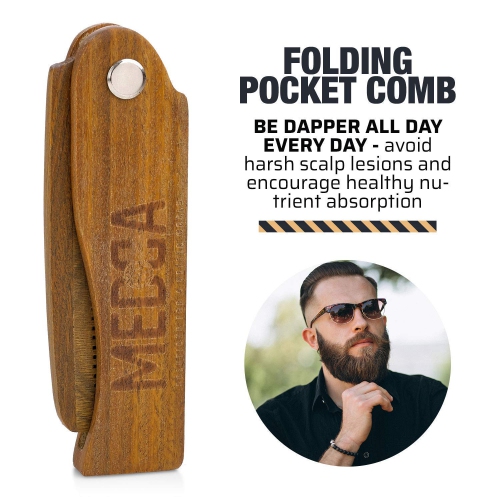 Folding Wooden Comb - 2-Pack, Solid Sandalwood Construction - Fine Tooth Pocket Sized Beard, Mustache, Head Hair Brush Combs for Men for All Hair