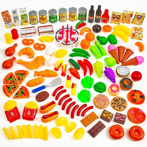 MEDca Kids Play Food Set - 130 Piece Pretend Play Food Collection - Assorted Fake Food Set Includes Fruits Vegetables Snacks Dessert Juices Canned