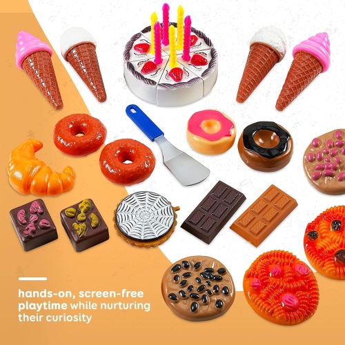 MEDca Kids Play Food Set - 130 Piece Pretend Play Food Collection - Assorted Fake Food Set Includes Fruits Vegetables Snacks Dessert Juices Canned