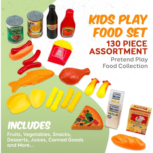 MEDca Kids Play Food Set - 130 Piece Pretend Play Food Collection - Assorted Fake Food Set Includes Fruits Vegetables Snacks Dessert Juices Canned