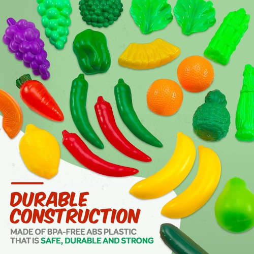 MEDca Kids Play Food Set - 130 Piece Pretend Play Food Collection - Assorted Fake Food Set Includes Fruits Vegetables Snacks Dessert Juices Canned