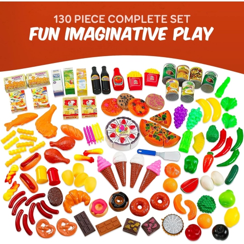 MEDca Kids Play Food Set - 130 Piece Pretend Play Food Collection - Assorted Fake Food Set Includes Fruits Vegetables Snacks Dessert Juices Canned