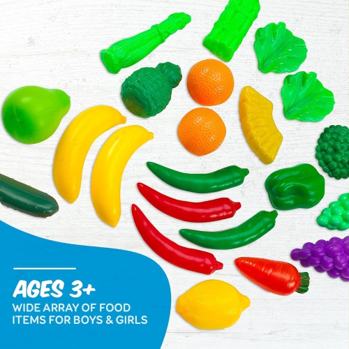 MEDca Kids Play Food Set - 130 Piece Pretend Play Food Collection - Assorted Fake Food Set Includes Fruits Vegetables Snacks Dessert Juices Canned