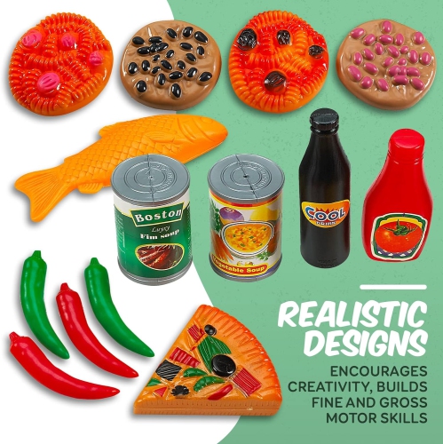 MEDca Kids Play Food Set - 130 Piece Pretend Play Food Collection - Assorted Fake Food Set Includes Fruits Vegetables Snacks Dessert Juices Canned