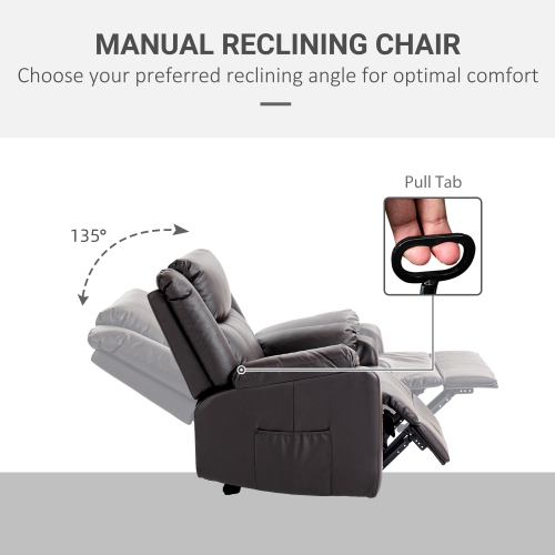 HOMCOM – Fauteuil inclinable pour salon, canapé inclinable simple en similicuir pu, fauteuil inclinable manuel avec repose-pieds, rembourrage épais