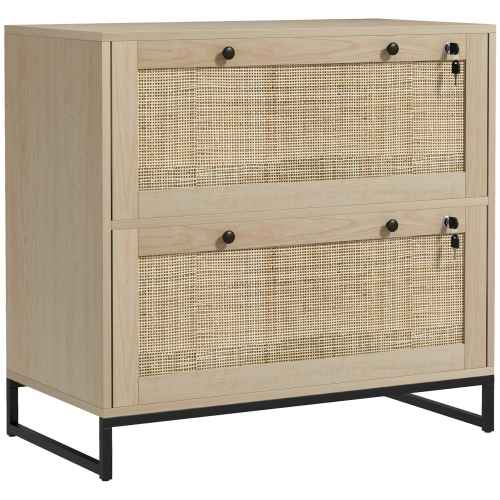 Vinsetto 2-Drawer Filing Cabinet with Lock, Rattan File Cabinet with Adjustable Hanging Bar for Letters, A4 and Legal Size Papers, Natural