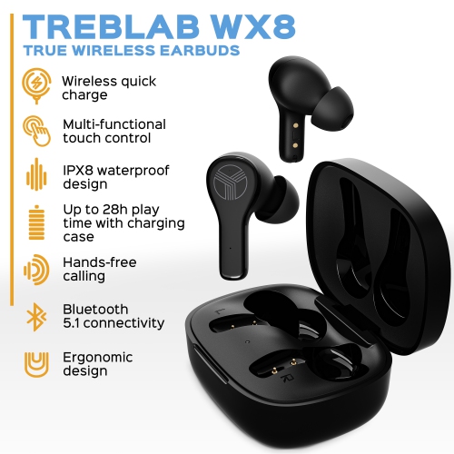 TREBLAB WX8 - True Wireless Earbuds, IPX8 Waterproof Earbuds with up 28H of Play Time, Bluetooth Headphones w/Touch Control and Noise Isolation,