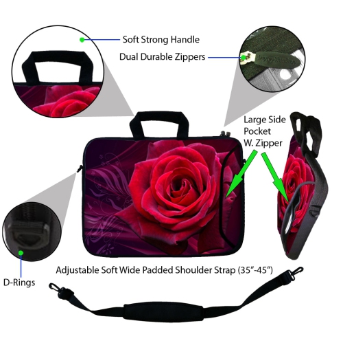 LSS 15.6 inch Laptop Sleeve Bag Notebook with Extra Side Pocket, Soft Carrying Handle & Removable Shoulder Strap for 14" 15" 15.4" 15.6" - Pink Rose