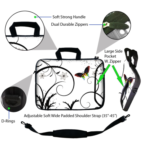 LSS 17.4 inch Laptop Sleeve Bag Notebook with Extra Side Pocket, Soft Carrying Handle & Shoulder Strap for 16" 17" 17.3" 17.4" - White Butterfly