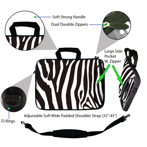 LSS 13.3 inch Laptop Sleeve Bag Notebook with Extra Side Pocket, Soft Carrying Handle & Removable Shoulder Strap for 12" 12.1" 13" 13.3" - Zebra Print