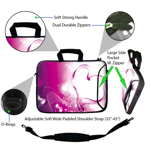 LSS 15.6 inch Laptop Sleeve Bag Notebook with Extra Side Pocket, Soft Carrying Handle & Removable Shoulder Strap for 14" 15" 15.4" 15.6" - Pink Heart