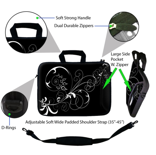 LSS 13.3 inch Laptop Sleeve Bag Notebook with Extra Side Pocket, Soft Carrying Handle & Shoulder Strap for 12" 12.1" 13" 13.3" - Vines Black and