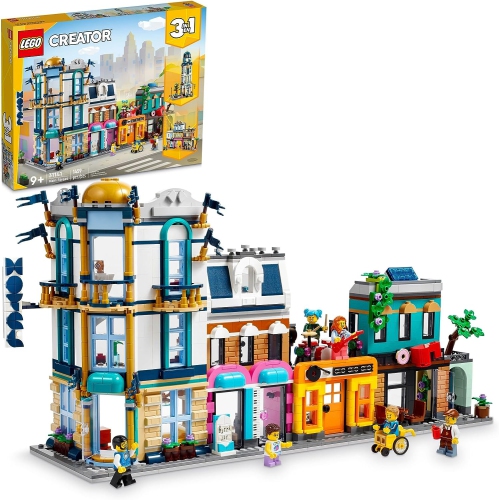 LEGO Creator – Ensemble de construction 3-en-1, rue principale, comprend une ville jouet, un bâtiment Art déco, une rue Market, un hôtel, un café le