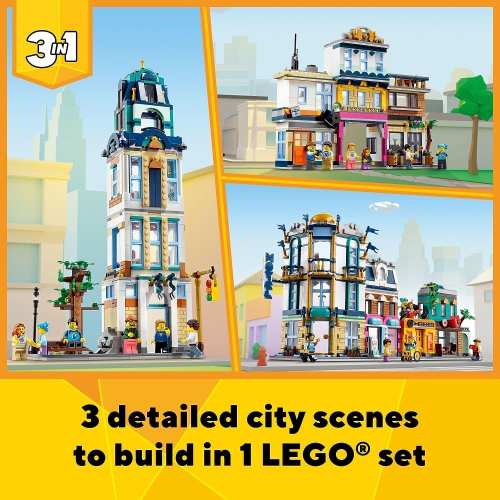 LEGO Creator 3 in 1 Main Street Building Toy Set, Features a Toy City, Art Deco Building, Market Street, Hotel, Café, Music Store and 6 Minifigures