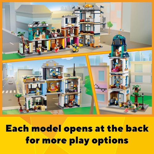 LEGO Creator 3 in 1 Main Street Building Toy Set, Features a Toy City, Art Deco Building, Market Street, Hotel, Café, Music Store and 6 Minifigures