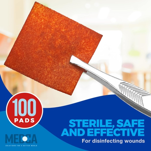 (Box of 100 Count) Prep Solution Pads, 10% Swabs for Individual Disinfecting Wipes, Disposable Cotton Antiseptic Surgical Pad for Wound Care, and