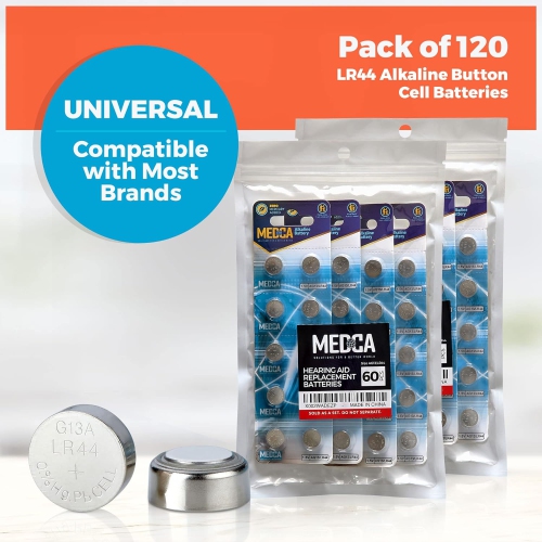Medca Lr44 Batteries - 120 Count Pack - 1.5v Alkaline Ag13 357 303 Sr44 Battery Button Coin Cell Batteries for Hearing Aids and Hearing Amplifiers
