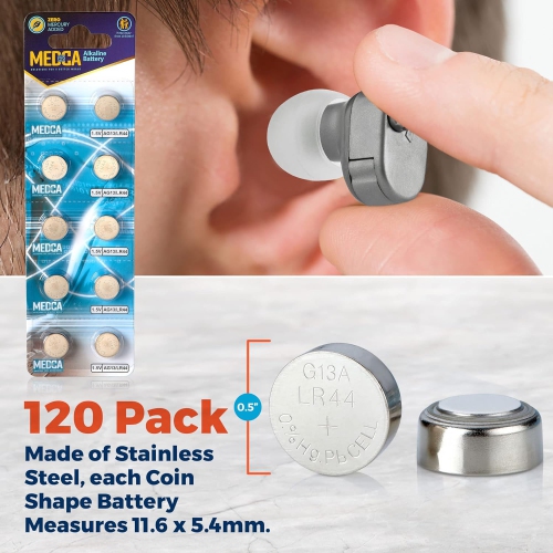 Medca Lr44 Batteries - 120 Count Pack - 1.5v Alkaline Ag13 357 303 Sr44 Battery Button Coin Cell Batteries for Hearing Aids and Hearing Amplifiers