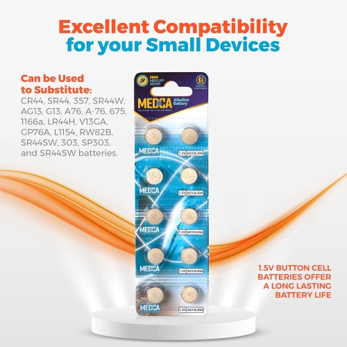 Medca 1.5v Alkaline Batteries - Lr44 Ag13 357 303 Sr44 Battery - Button Coin Cell for Hearing Aids and Amplifiers, Toys, Remotes, Calculators, Lasers