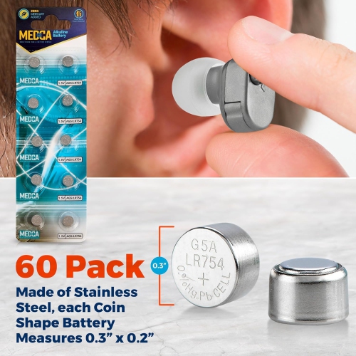 Piles AG5 Lr754 de Medca - Paquet de 60 - 1,5v piles alcalines 754 Lr48 193 piles bouton pour appareils auditifs et amplificateurs auditifs