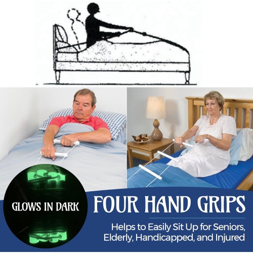 Medca Bed Helper Adjustable Home Pull Up Ladder Strap with Grip and Handles - Glows in the Dark, Help to Easily Sit Up for Seniors, Handicapped,