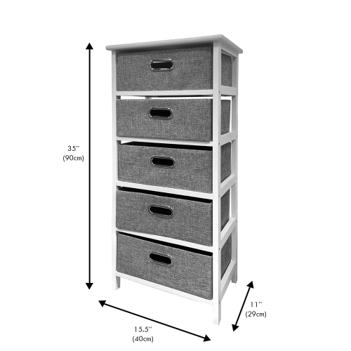 Jessar - unité de rangement en bois avec 5 tiroirs en tissu, gris et blanc