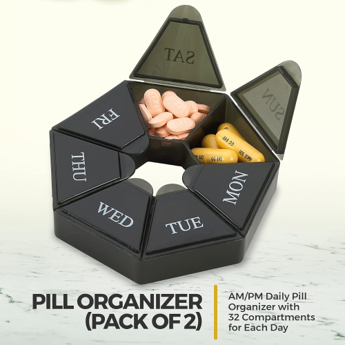 Weekly Pill Organizer - 7-Day Pill Container - Arthritis Friendly Portable & Compact Travel Case Medicine Pills Box for Supplements, Medication,