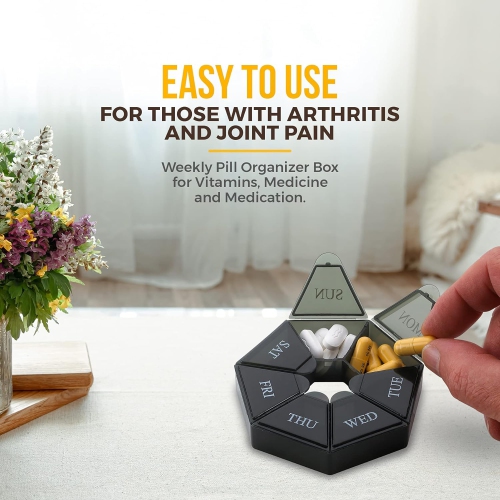 Weekly Pill Organizer - 7-Day Pill Container - Arthritis Friendly Portable & Compact Travel Case Medicine Pills Box for Supplements, Medication,