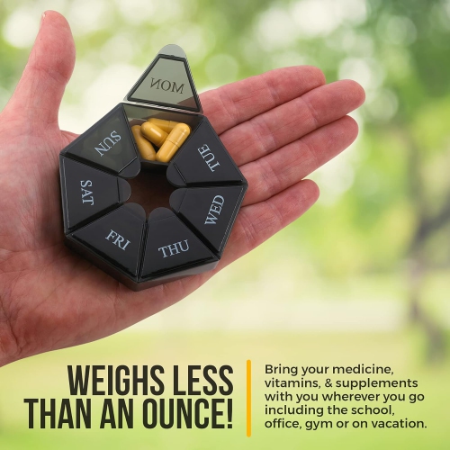 Weekly Pill Organizer - 7-Day Pill Container - Arthritis Friendly Portable & Compact Travel Case Medicine Pills Box for Supplements, Medication,