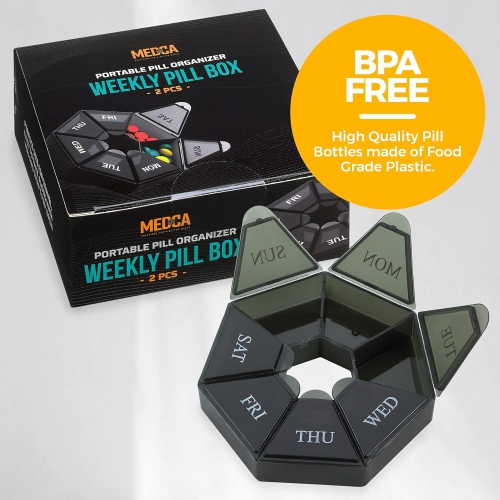 Weekly Pill Organizer - 7-Day Pill Container - Arthritis Friendly Portable & Compact Travel Case Medicine Pills Box for Supplements, Medication,