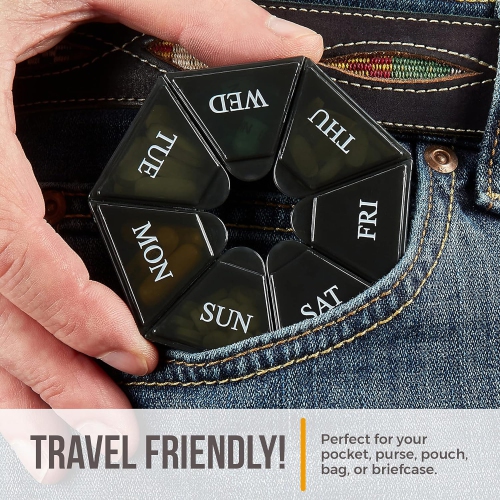 Weekly Pill Organizer - 7-Day Pill Container - Arthritis Friendly Portable & Compact Travel Case Medicine Pills Box for Supplements, Medication,