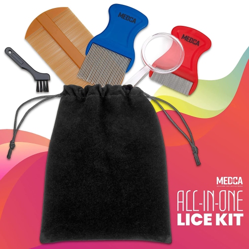 Premium 5 Piece Lice Kit - Nit Removal Fine Tooth Comb and Magnifier Full Treatment Set - Louse and Nit Combs Removes Eggs with Rounded Tips for