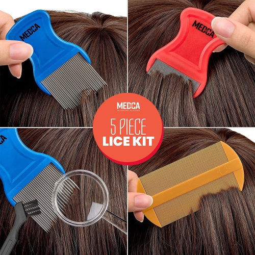 Premium 5 Piece Lice Kit - Nit Removal Fine Tooth Comb and Magnifier Full Treatment Set - Louse and Nit Combs Removes Eggs with Rounded Tips for