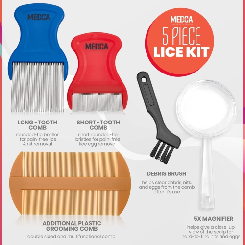 Premium 5 Piece Lice Kit - Nit Removal Fine Tooth Comb and Magnifier Full Treatment Set - Louse and Nit Combs Removes Eggs with Rounded Tips for