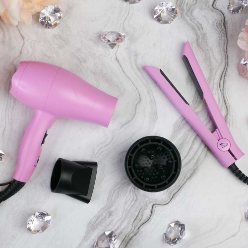 Image 1 of 5.. Aria Beauty - Mini Travel Set: Flat Iron and Dryer Pink