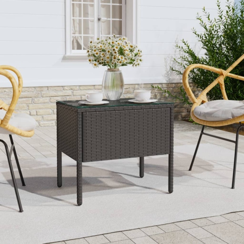 VIDAXL  Side Table Black 53X37X48 Cm Poly Rattan And Tempered Glass