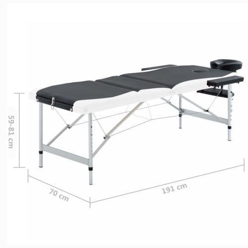 Table de massage pliable à 3 zones en aluminium noir et blanc vidaXL