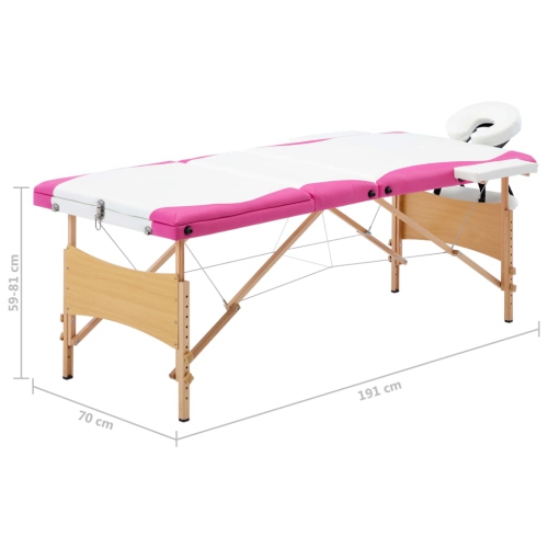 vidaXL Foldable Massage Table 3 Zones Wood White and Pink