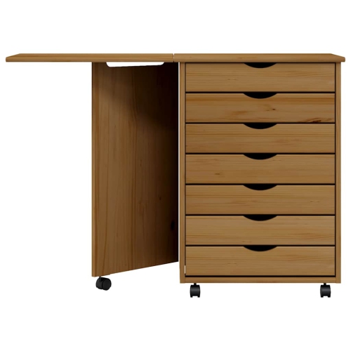 vidaXL MOSS 7-Drawer Chest with Desk & Wheels, Solid Pinewood, 41.5"x15.4"x29.3", Honey Brown