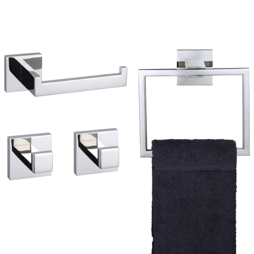 4-Piece Polished Chrome Bathroom Hardware, Towel Ring, Toilet Paper Holder, 2 Towel Hook, Stainless Steel, Wall Mounted