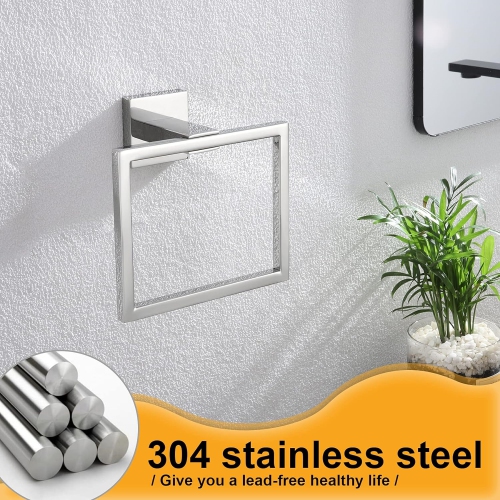 4-Piece Polished Chrome Bathroom Hardware, Towel Ring, Toilet Paper Holder, 2 Towel Hook, Stainless Steel, Wall Mounted